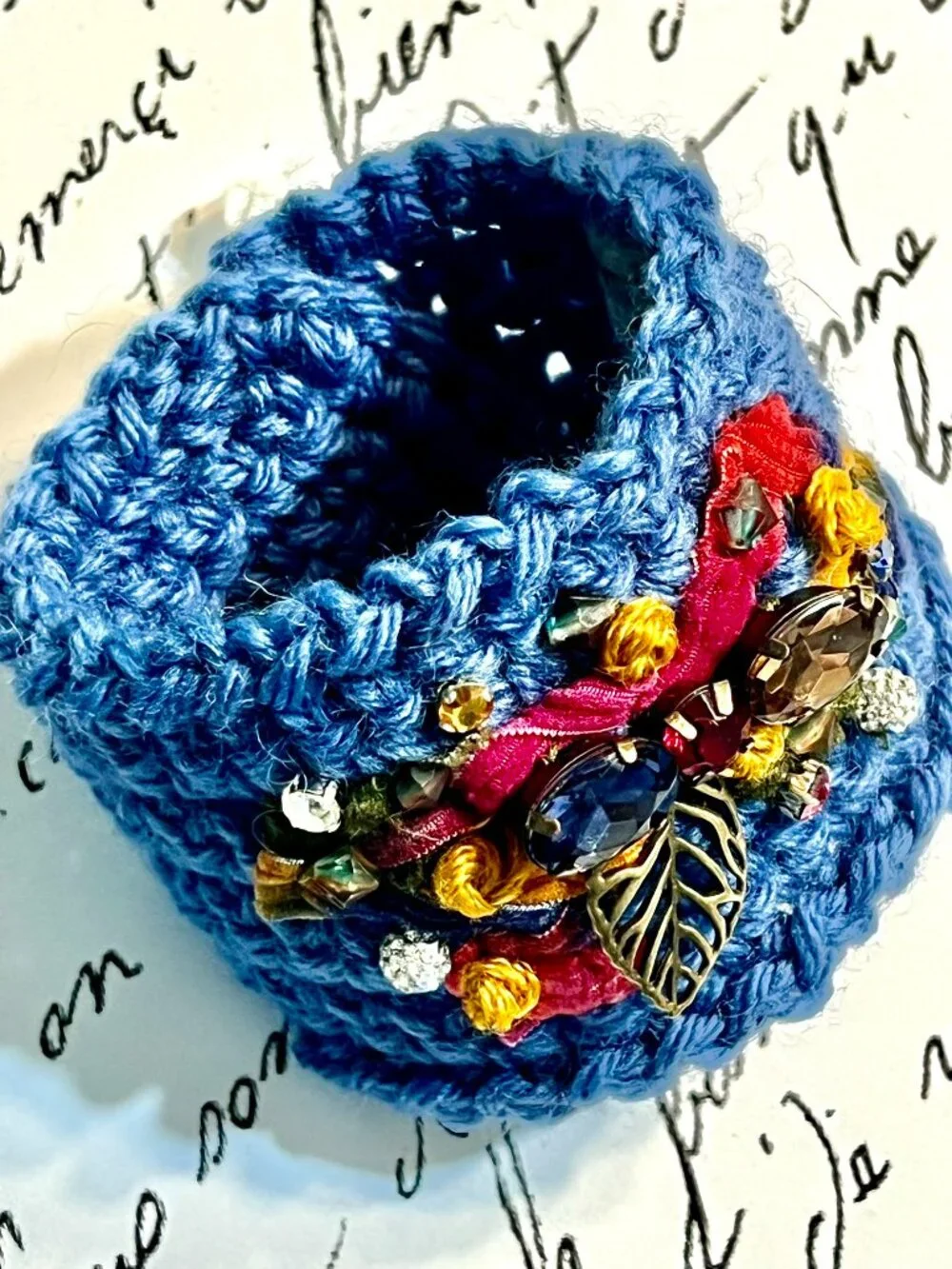 Artsy Boho CUFF/BRACELET~Handmade Denim Blue Wool with Vtg Jewel Center Piece